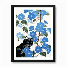 Cat In Blue Flowers Art Print