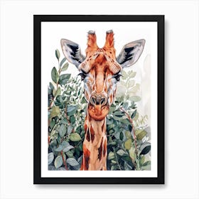 Giraffe Watercolour Portrait In The Leaves 2 Art Print