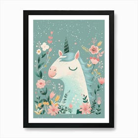 Storybook Style Unicorn & Flowers Pastel 1 Art Print