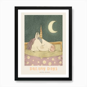 Pastel Storybook Style Unicorn Sleeping In A Duvet With The Moon 3 Poster Art Print