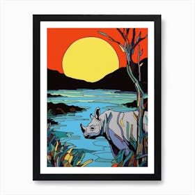 Geometric Rhino Line Illustration By The River 3 Art Print