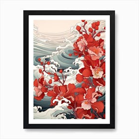 Great Wave With Orchid Flower Drawing In The Style Of Ukiyo E 1 Art Print