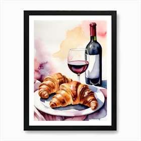 Croissant and Wine watercolor painting 13 Art Print