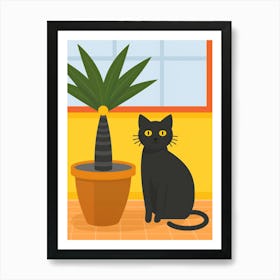 Black Cat With Potted Plant Art Print