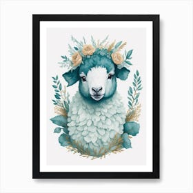 Cute Floral Baby Sheep Painting (9) Art Print
