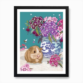 Guinea Pig And Sweet Williams In A Blue Willow Jug Art Print