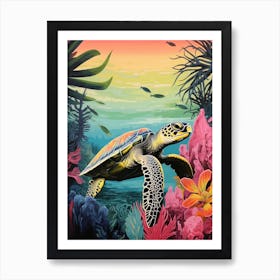 Vivid Turtle In Ocean With Coral & Plants 1 Art Print