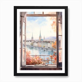 Window View Of Zurich Switzerland In Autumn Fall, Watercolour 3 Art Print
