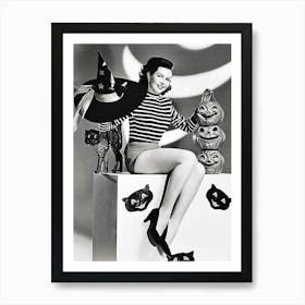 Pinup Sexy Witch Posing With Carved Pumpkins Art Print