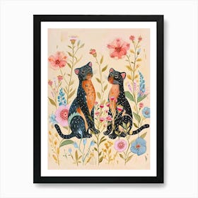 Folksy Floral Animal Drawing Panther Art Print