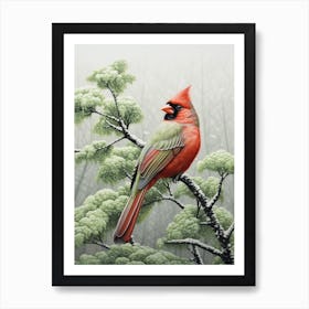 Ohara Koson Inspired Bird Painting Northern Cardinal 2 Art Print