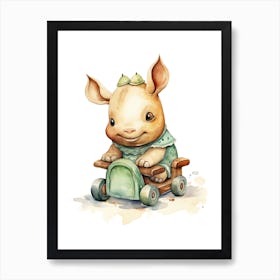 Baby Rhino On A Toy Car, Watercolour Nursery 3 Art Print