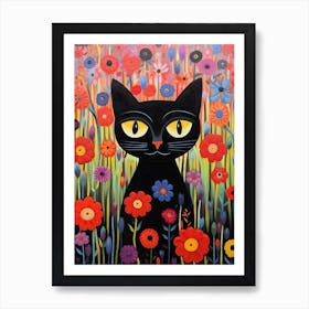 Black Cat In Flowers Art Print