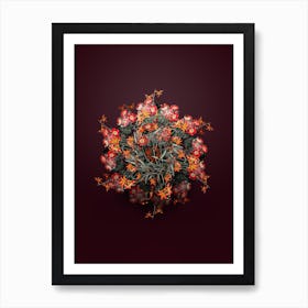 Vintage Cosmos Flower Branch Floral Wreath on Wine Red n.1318 Art Print