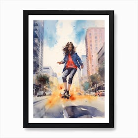 Girl Skateboarding In San Francisco, United States Watercolour 3 Art Print