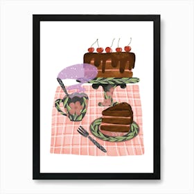 Afternoon tea time with chocolate cake Art Print