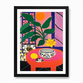 Painting Of A Still Life Of A Lotus With A Cat In The Style Of Matisse 4 Art Print