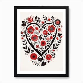 Heart Red & Black Linocut Style White Background 3 Art Print