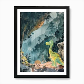 Dinosaur Sheltering From The Rain Storybook Style 2 Art Print