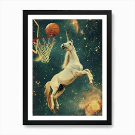 Unicorn In Space Playing Basketball Retro 2 Art Print