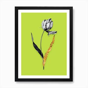 Vintage Didiers Tulip Black and White Gold Leaf Floral Art on Chartreuse n.0746 Art Print