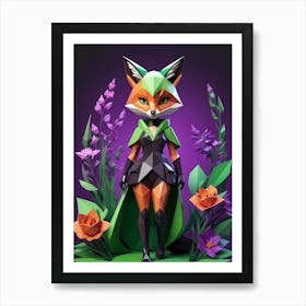 Low Poly Floral Fox Girl, Green (19) Art Print