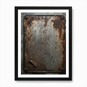 Close Up View Of A Vintage Steel Plate Resting On A Grey Stone Table Surfaces Laden With Corrosion (4) Art Print