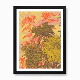 Abstract Botanical Fiddleheads and Dahlias, Goldenrod and Coral, Collage No.12623 - 07 Art Print