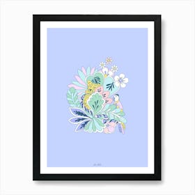 Tropical Jungle Leopard, Bird and Snake Blue Art Print