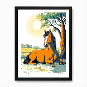 Brown Horse Under A Tree Art Print