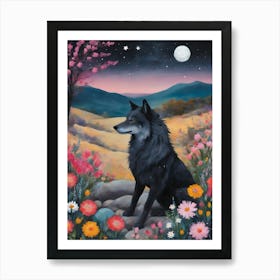 Dark Wolf ~ Dreamy Art Pastels Botanical Magical Woodland Cottagecore Art Print