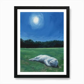 White Cat Sleeping In The Grass Art Print