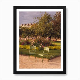 Two Chairs So Many Flowers Sunset At Tuileries Garden Art Print