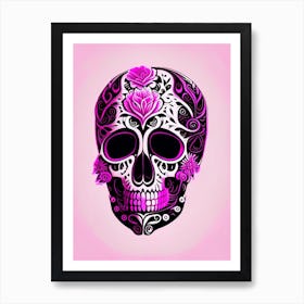 Skull With Intricate Linework Pink Mexican Art Print