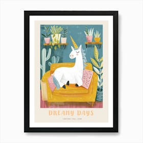 Storybook Style Unicorn Sat On A Mustard Sofa With Plants Poster Art Print