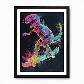 Neon Dinosaur Line Illustration On A Skateboard 2 Art Print