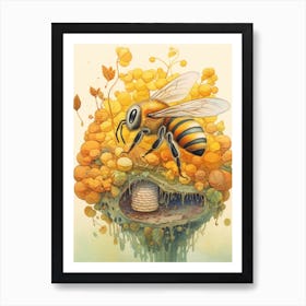 Bicolored Striped Sweat  Bee Beehive Watercolour Illustration 3 Art Print