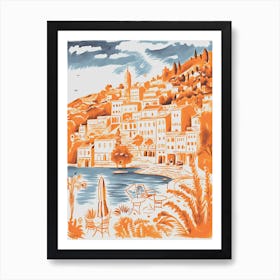 Italy, Portofino Cute Illustration In Orange And Blue 1 Art Print