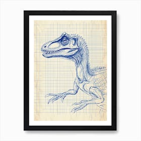 Deinonychus Dinosaur Blue Print Sketch 2 Art Print