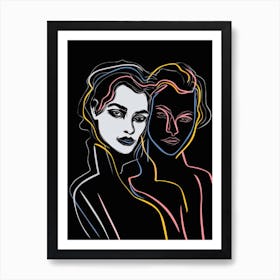 Women In Black And White Line Art Neon 1 Art Print
