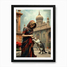 Indian Beauty With Cat - Diverse Art Illustration 89 Art Print