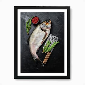 Silver carp, raw whole fish — Food kitchen poster/blackboard, photo art Art Print