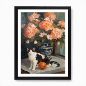 Flower Vase Peony With A Cat 3 Impressionism, Cezanne Style Art Print