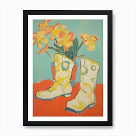 Painting Of Yellow Flowers And Cowboy Boots, Oil Style 6 Art Print