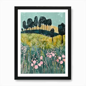 Pink Flowers In The Meadow 1 Art Print