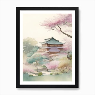 Pagoda and Cherry Blossoms - Beautiful Japanese Watercolor Landscape | Art  Board Print