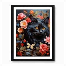 Black Cat With Butterflies Art Print