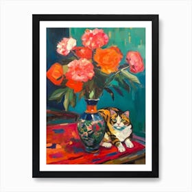 Peony With A Cat 4 Fauvist Style Painting Art Print