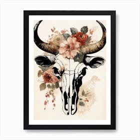Vintage Boho Bull Skull Flowers Painting (10) Art Print