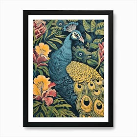 Blue Mustard Peacock With Tropical Flowers Linocut Inspired 2 Art Print